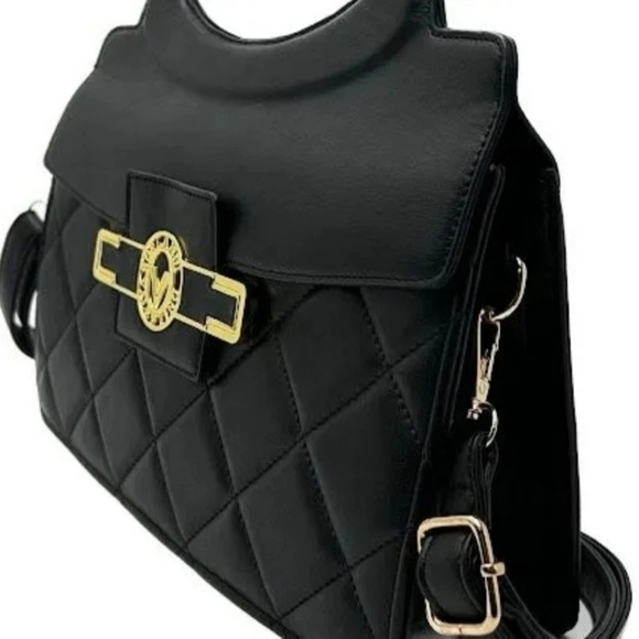 NWT Valentino Orlandi Black Quilted Satchel Top Handle Bag Gold V Logo Clasp - Picture 2 of 5